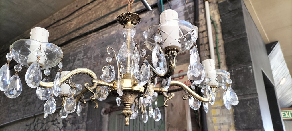 Five Arm Brass and Crystal Chandelier.   FA11