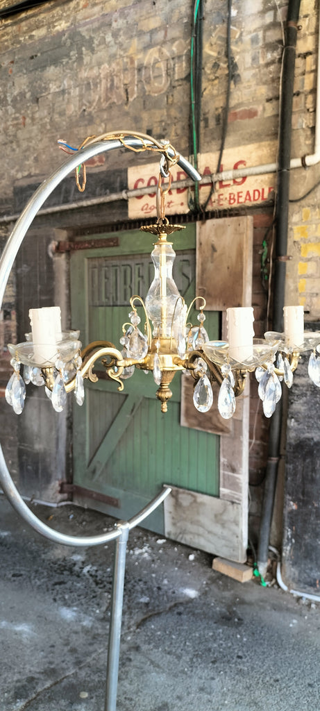 Five Arm Brass and Crystal Chandelier.   FA11